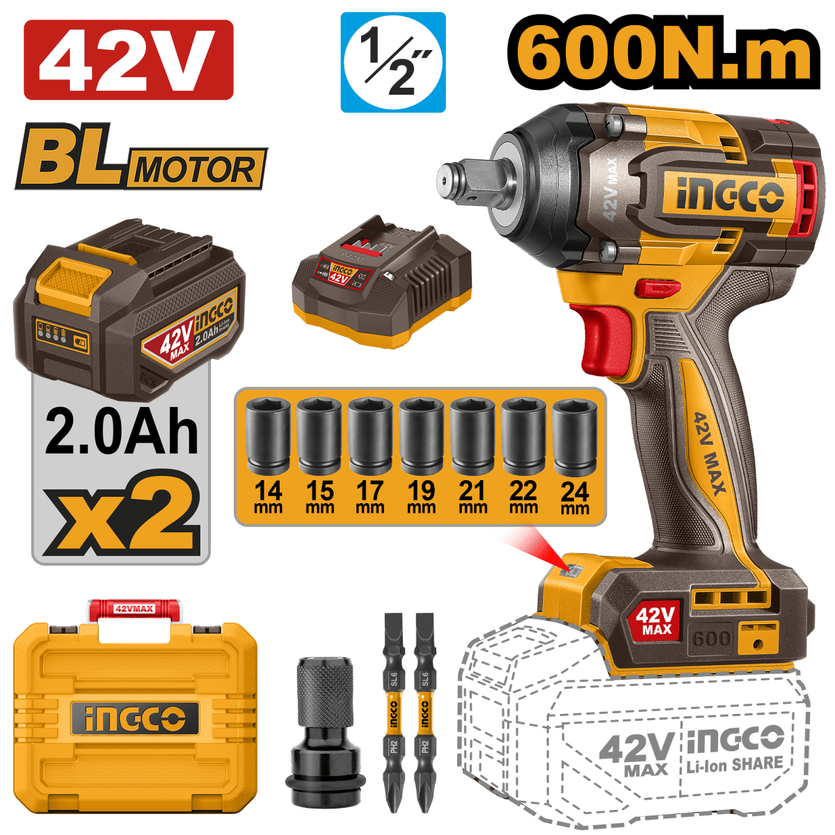 Llave de Impacto Ingco 42V M1/2 600Nm Incluye 2 Baterias y Cargador Uciwli42602 - MARKEMSTORE - Llave de Impacto