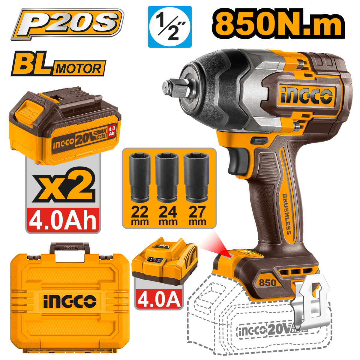Llave De Impacto M1/2 20v 850nm Incluye 2 Baterias Y 1 Cargador INGCO UCIWLI2085 - MARKEMSTORE -