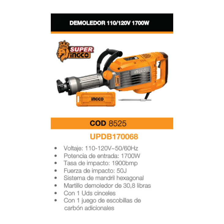 Demoledor 1700W 1900Bmp 50J Con 1 Cinceles INGCO UPDB170068 - MARKEMSTORE