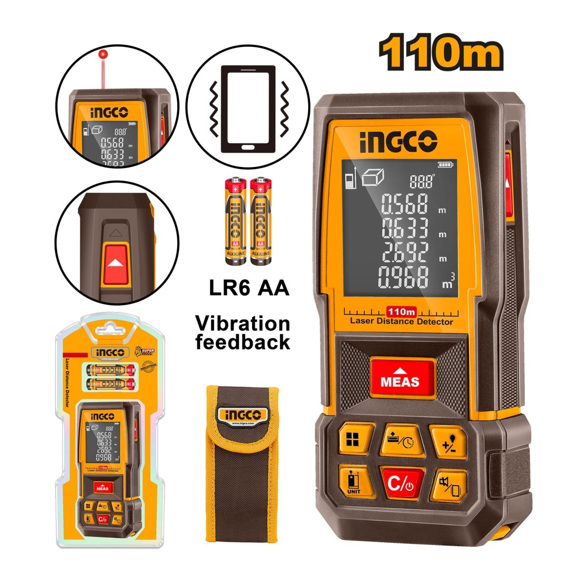 Medidor Láser de Distancia INGCO 110m Multifunción HLDD10089 - MARKEMSTORE -