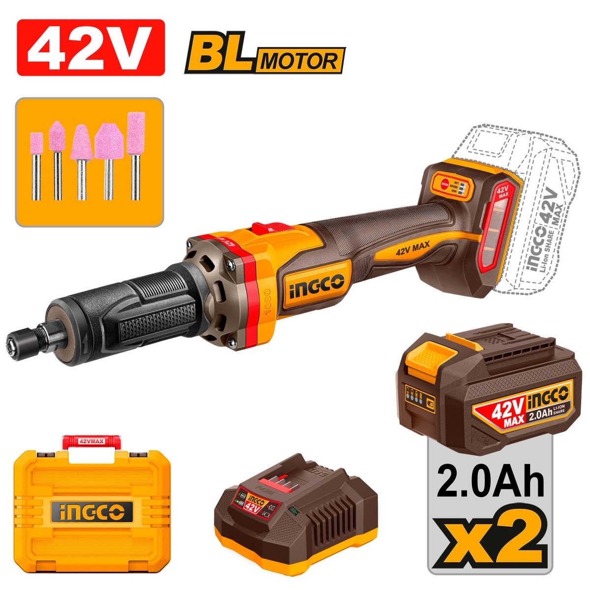 Mototool INGCO 42V 30000RPM Brushless 2 Baterías y Cargador UCDGLI42012 - MARKEMSTORE - Mototool y Accesorios