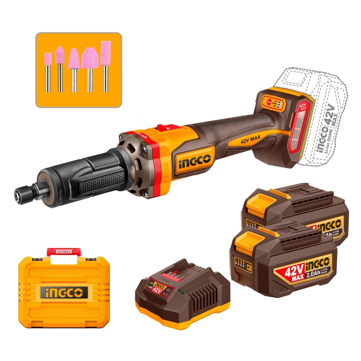 Mototool INGCO 42V 30000RPM Brushless 2 Baterías y Cargador UCDGLI42012 - MARKEMSTORE - Mototool y Accesorios