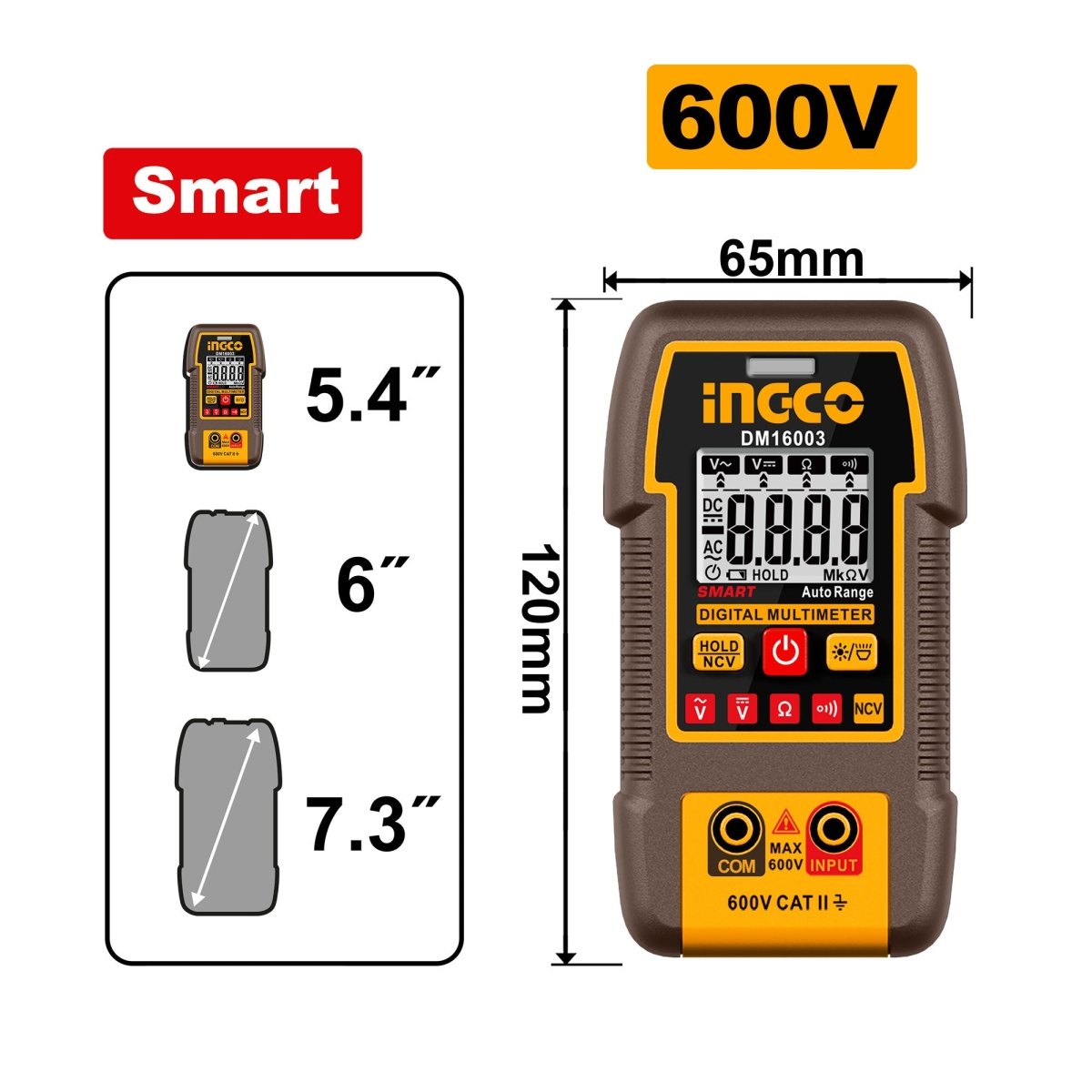Multímetro Digital INGCO RMS 4000 Cuentas AC/DC 0.8 - 600V DM16003 - MARKEMSTORE - Multimetros