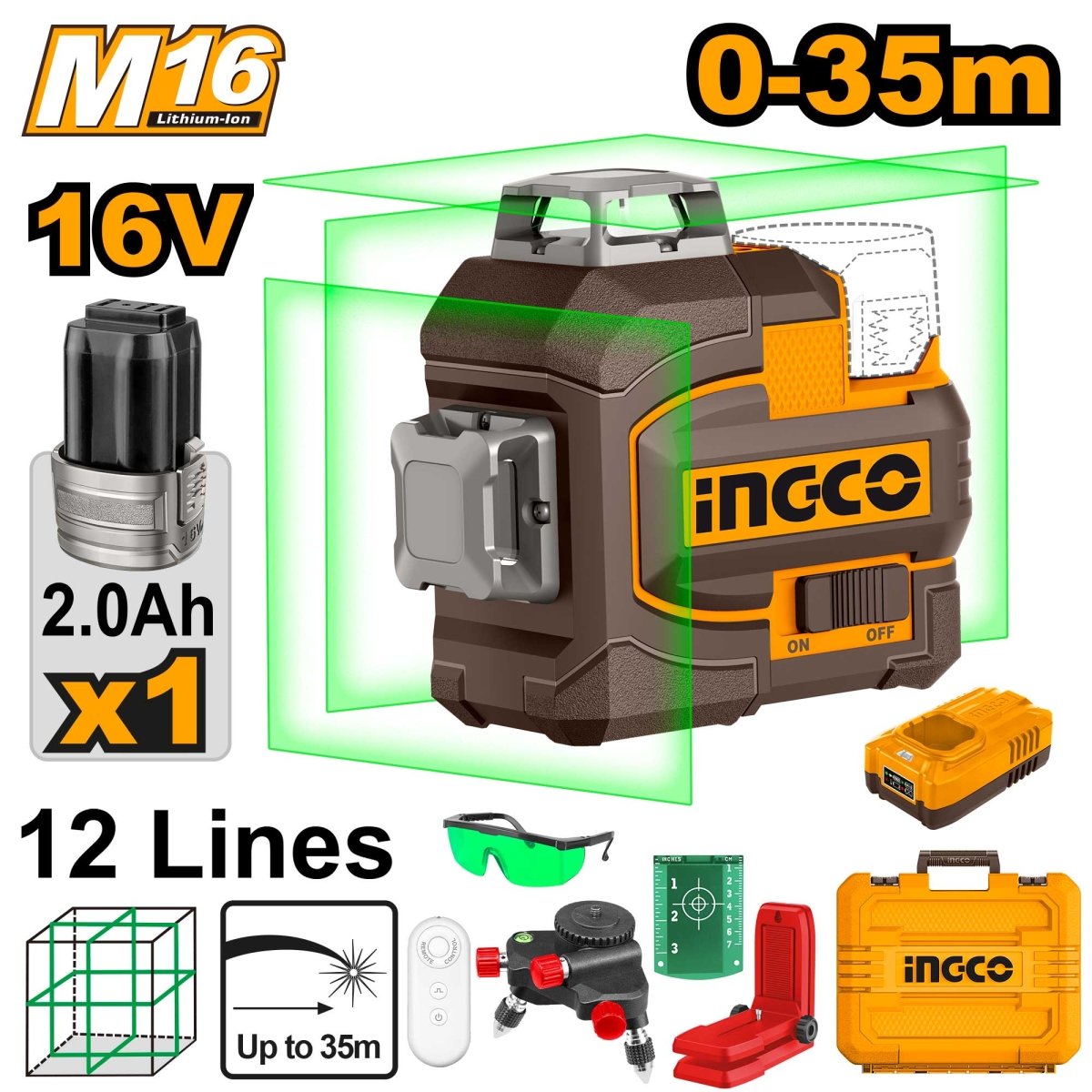 Nivel Láser Verde INGCO 16V 3x360° Autonivelante + Batería y Accesorios UHLL301201 - MARKEMSTORE -