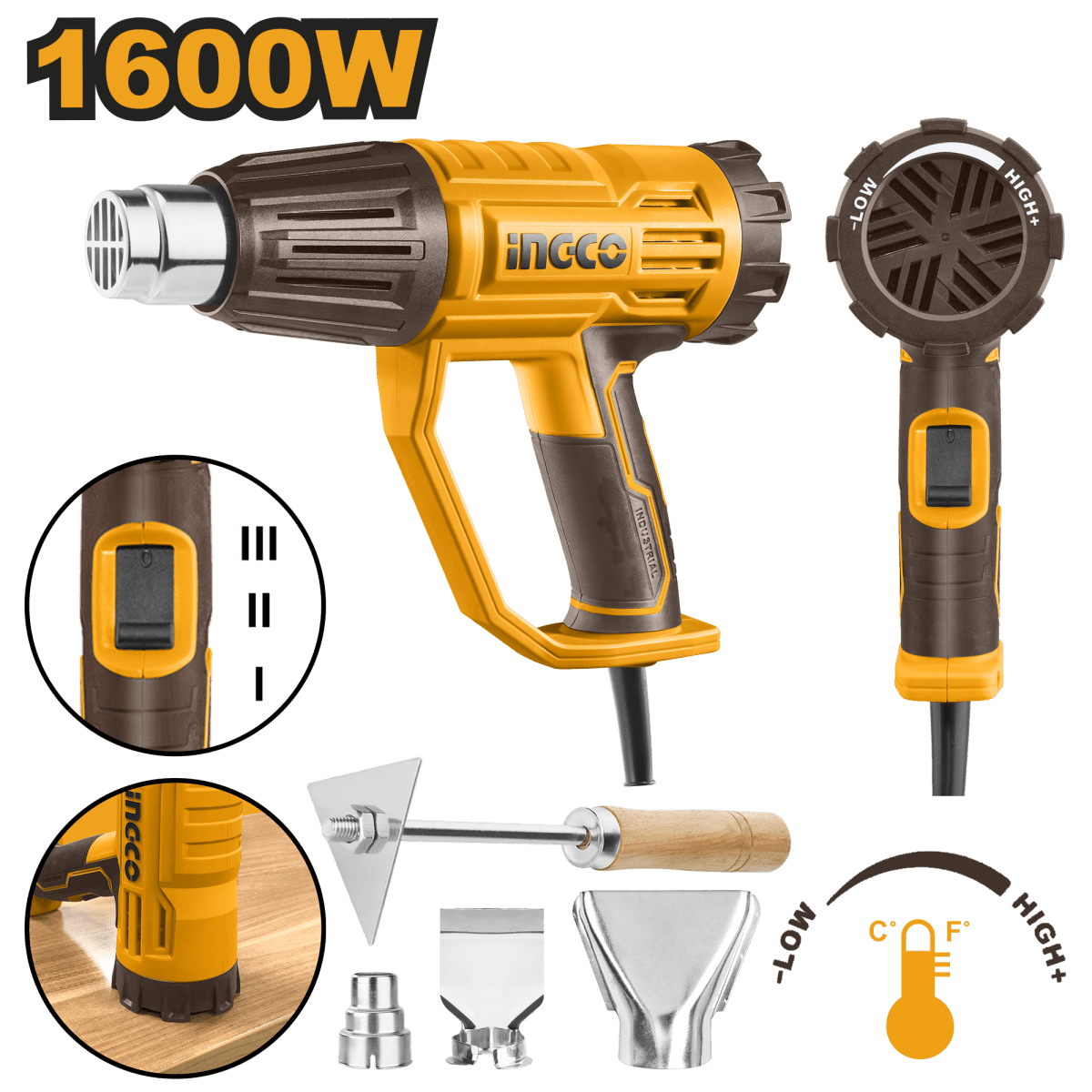Pistola De Calor 110/120V 1600W 450/550°C Con Boquillas Y Raspador INGCO UHG160047 - MARKEMSTORE -