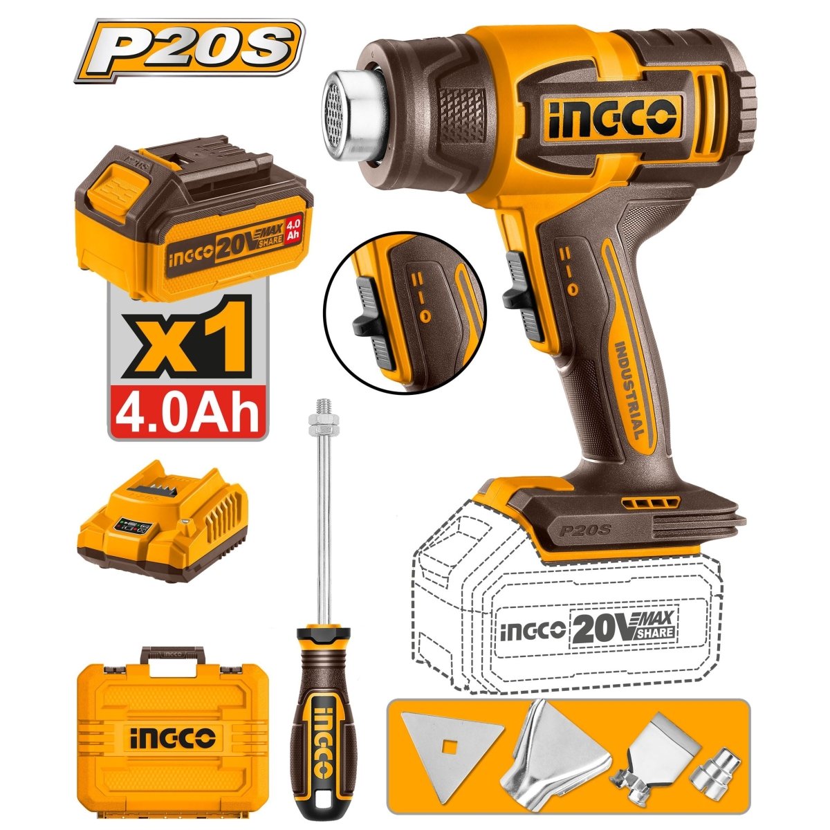 Pistola de Calor Inalámbrica INGCO 20V 300/550°C + Batería 4Ah, Cargador y Accesorios UHGLI20065 - MARKEMSTORE - Pistolas