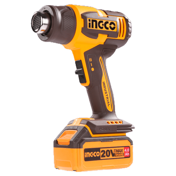 Pistola de Calor Inalámbrica INGCO 20V 300/550°C + Batería 4Ah, Cargador y Accesorios UHGLI20065 - MARKEMSTORE - Pistolas