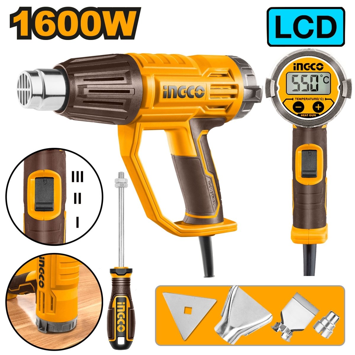 Pistola de Calor INGCO 1600W 50 - 600°C LCD 3 Boquillas UHG160058 - MARKEMSTORE - Pistolas y Sopladores