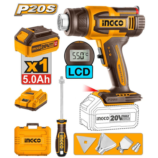 Pistola de Calor INGCO 20V LCD 30 - 550°C Ajustable + Batería 5Ah, Cargador UHGLI20035 - MARKEMSTORE - Pistolas y Sopladores