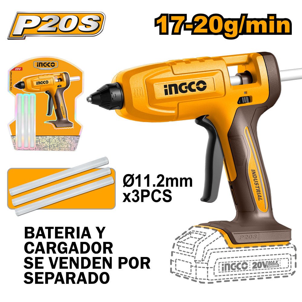 Pistola de Silicona INGCO 20V Inalámbrica 3 Barras 11.2mm CGGLI2003 - MARKEMSTORE - Pistolas y Sopladores