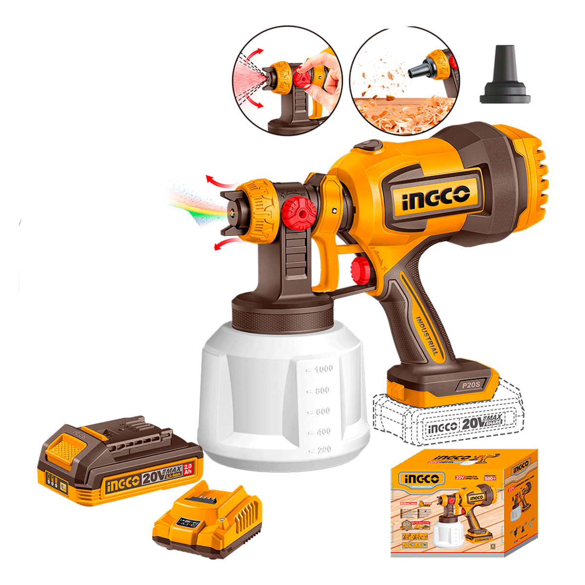 Pistola para Pintar Inalámbrica 20V INGCO 800ml/min UCSGLI20042 - Batería y Cargador Incluidos - MARKEMSTORE