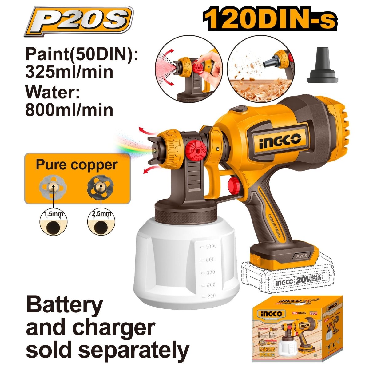Pistola para Pintar Inalámbrica Flujo max 600ml/min INGCO CSGLI2004 - MARKEMSTORE - Pistolas y Sopladores