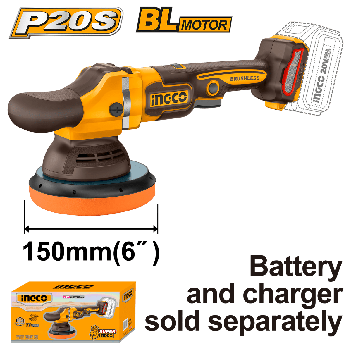 Polichadora Inalámbrica INGCO 20V 150mm 2000 - 4500RPM - Profesional - APLI2015 - MARKEMSTORE - Pulidoras