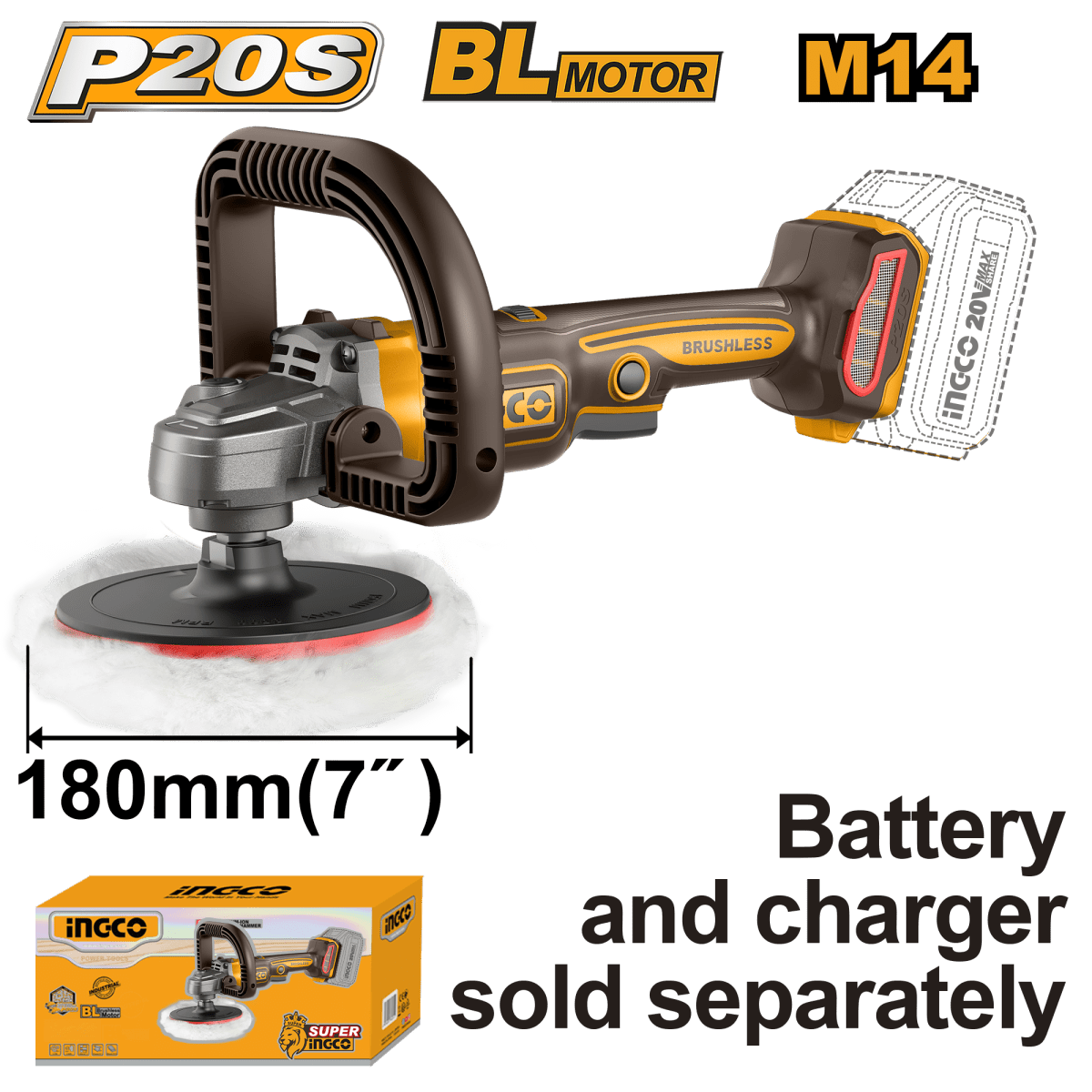 Polichadora Inalámbrica INGCO 20V 180mm 400 - 2500RPM - APLI2018 - MARKEMSTORE - Polichadora