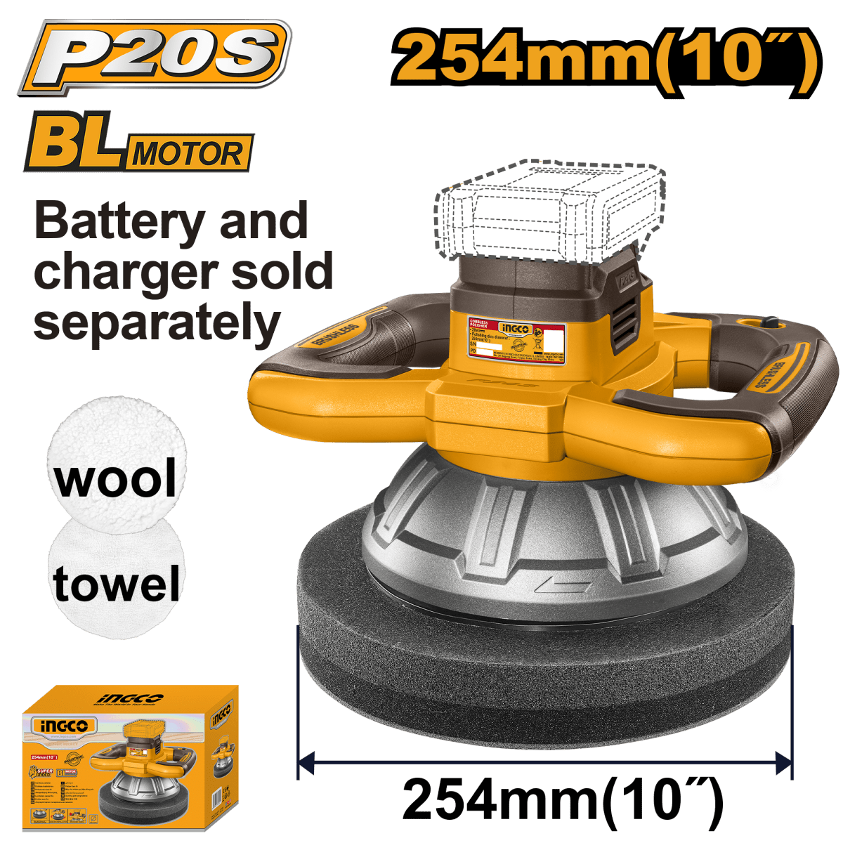 Polichadora Inalámbrica Roto - Orbital INGCO 20V 254mm 2500RPM - Motor Brushless COPLI202548 - MARKEMSTORE - Polichadora