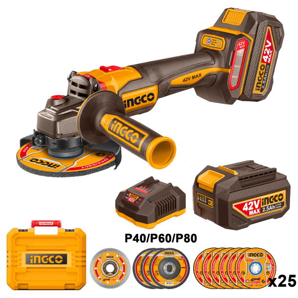 Pulidora Angular INGCO 42V 4 - 1/2" 3 Velocidades + 2 Baterías 2.5Ah y Accesorios UCAGLI4128112 - MARKEMSTORE - Pulidoras