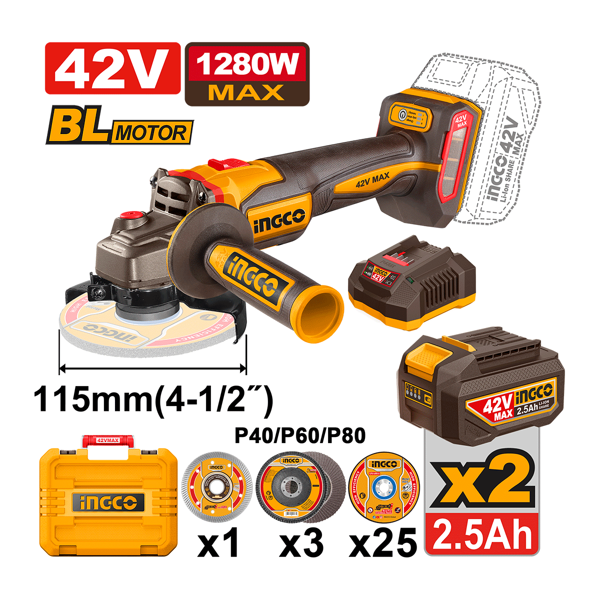 Pulidora Angular INGCO 42V 4 - 1/2" 3 Velocidades + 2 Baterías 2.5Ah y Accesorios UCAGLI4128112 - MARKEMSTORE - Pulidoras