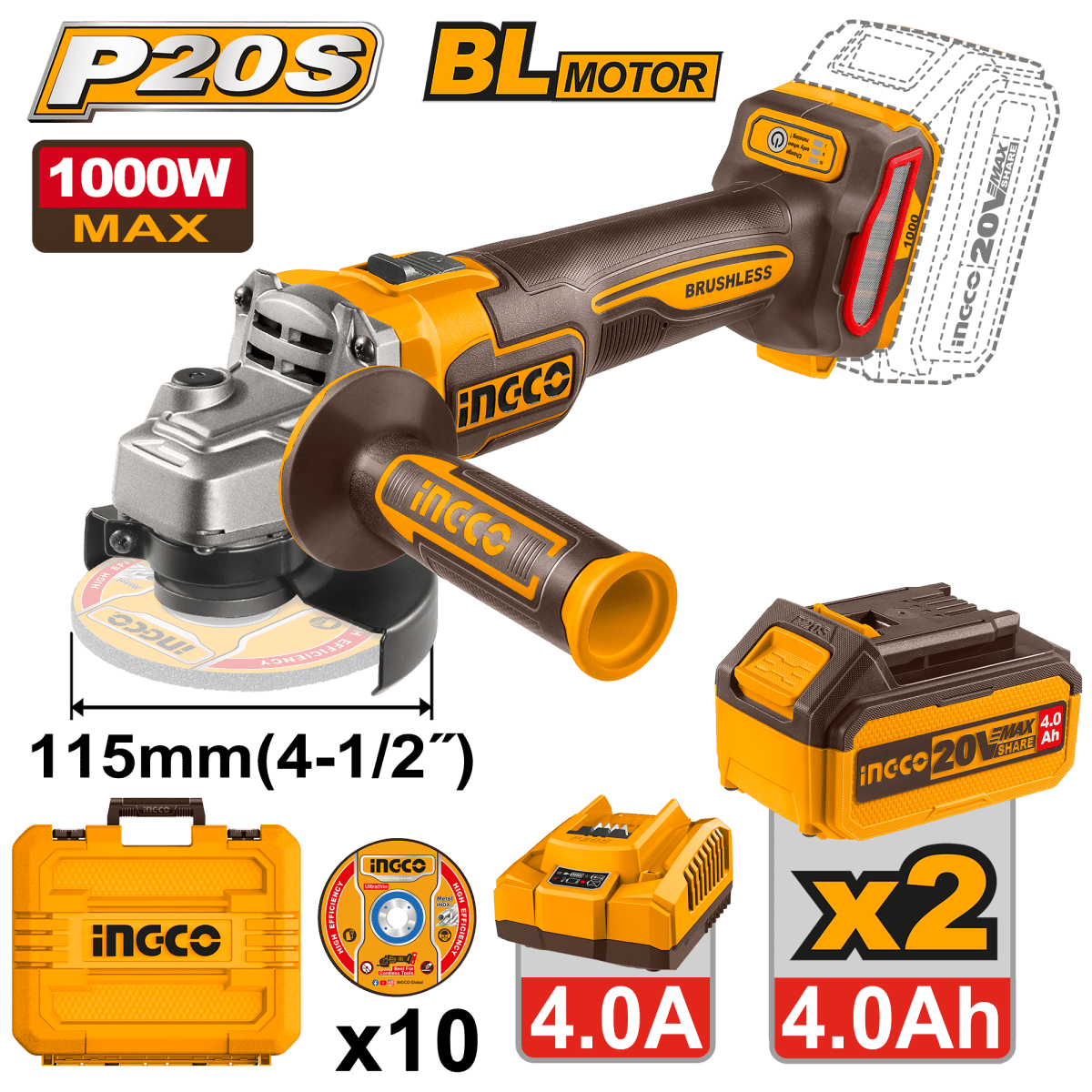 Pulidora Inalambrica 20V 4 1/2 con 2 Baterias 4Ah y Cargador INGCO UCAGLI271532 - MARKEMSTORE -