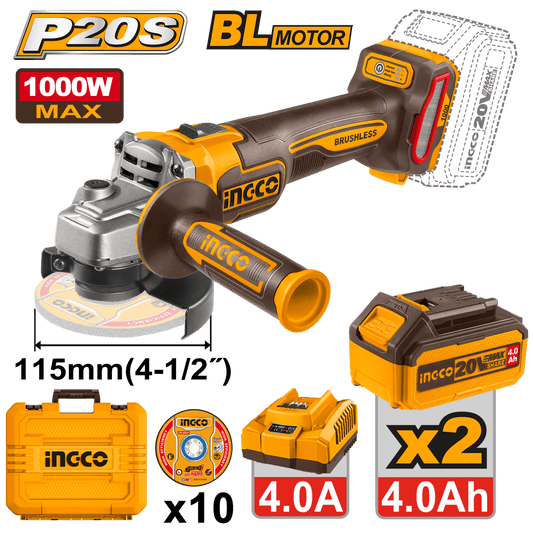 Pulidora Inalambrica 20V 4 1/2 con 2 Baterias 4Ah y Cargador INGCO UCAGLI271532 - MARKEMSTORE -