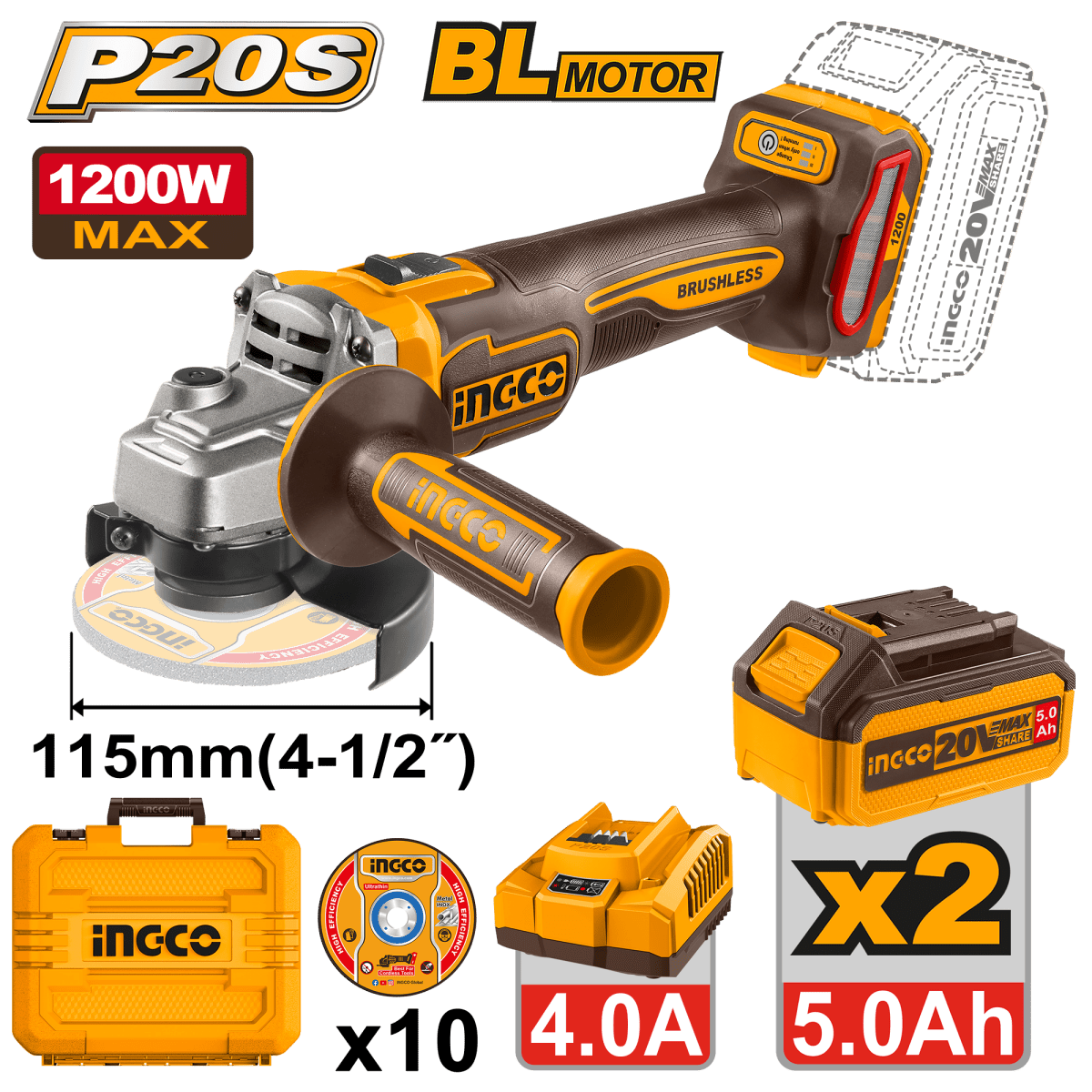 Pulidora Inalambrica 20V 4" 1/2 Incluye 2 Baterias 5Ah Ingco Ucagli2211532 - MARKEMSTORE - Pulidoras