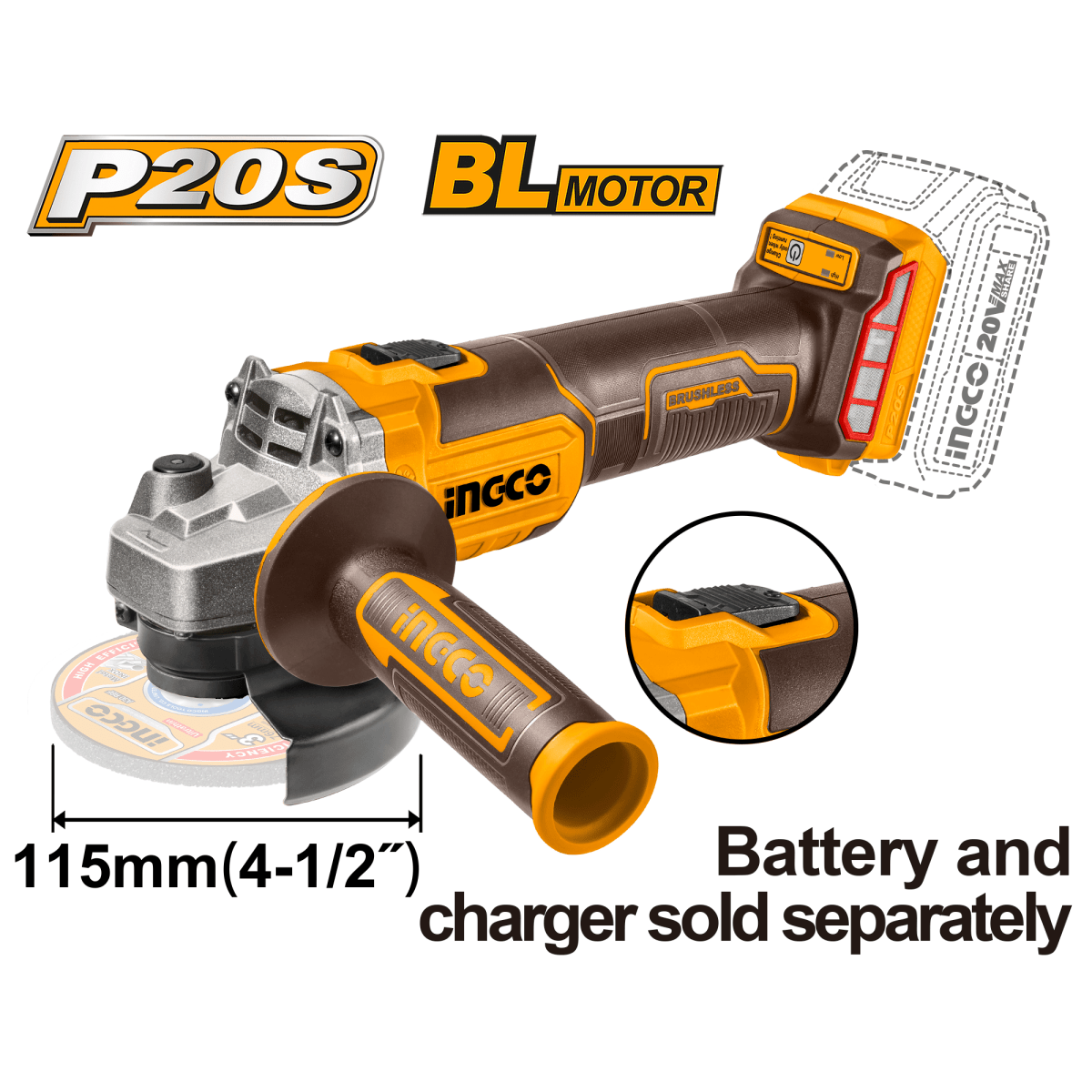 Pulidora Inalámbrica 20V 4 - 1/2 " Sin Escobillas INGCO UCAGLI201158 - MARKEMSTORE - Pulidoras