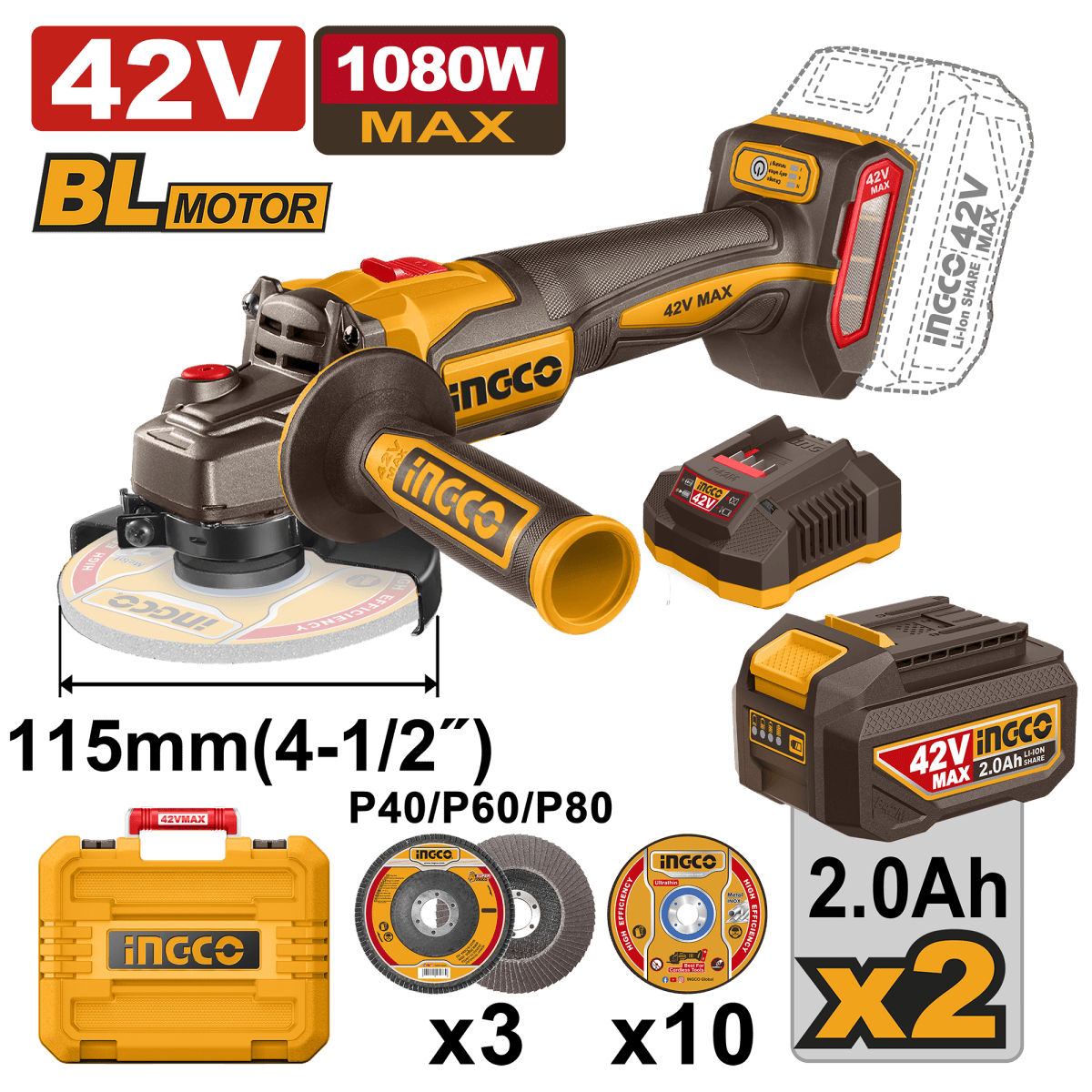 Pulidora Inalambrica Ingco 42V 4 1/2 Incluye 2 Baterias 2,0Ah Cargador Ucagli4108112 - MARKEMSTORE - Pulidoras