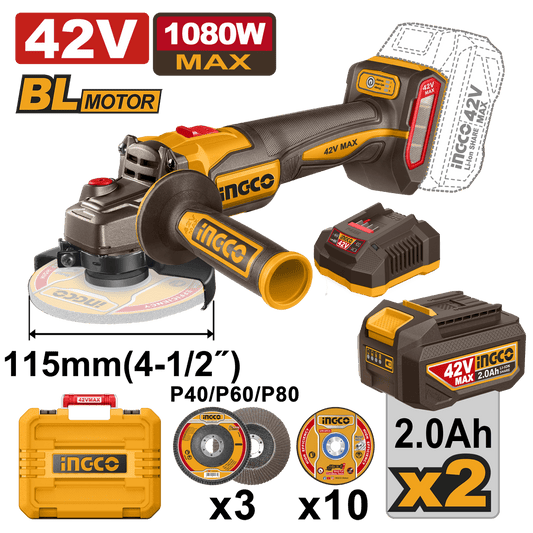 Pulidora Inalambrica Ingco 42V 4 1/2 Incluye 2 Baterias 2,0Ah Cargador Ucagli4108112 - MARKEMSTORE - Pulidoras