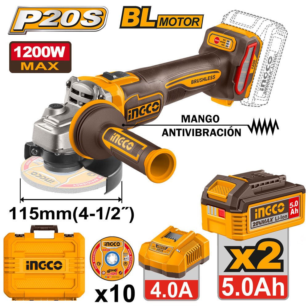 Pulidora INGCO 20V 4 - 1/2" 9000RPM + Discos de Corte UCAGLI2120252 - MARKEMSTORE - Pulidoras
