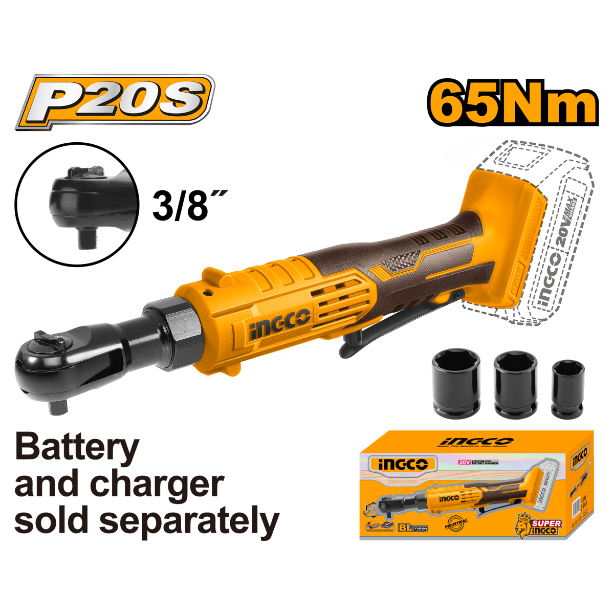 Ratchet 20V M3/8 65Nm INGCO CDRLI2060151 - MARKEMSTORE -