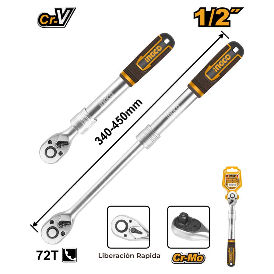 Ratchet Ajustable 1/2" INGCO HRTH08128L 72T 320 - 450mm - MARKEMSTORE - Dados y accesorios