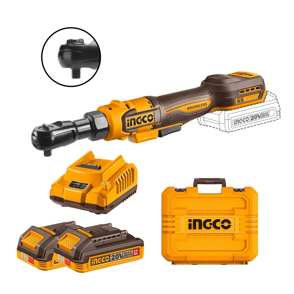 Ratchet Inalámbrico INGCO 20V 65Nm 3/8" 350RPM 2 Baterías UCDRLI20652 - MARKEMSTORE -