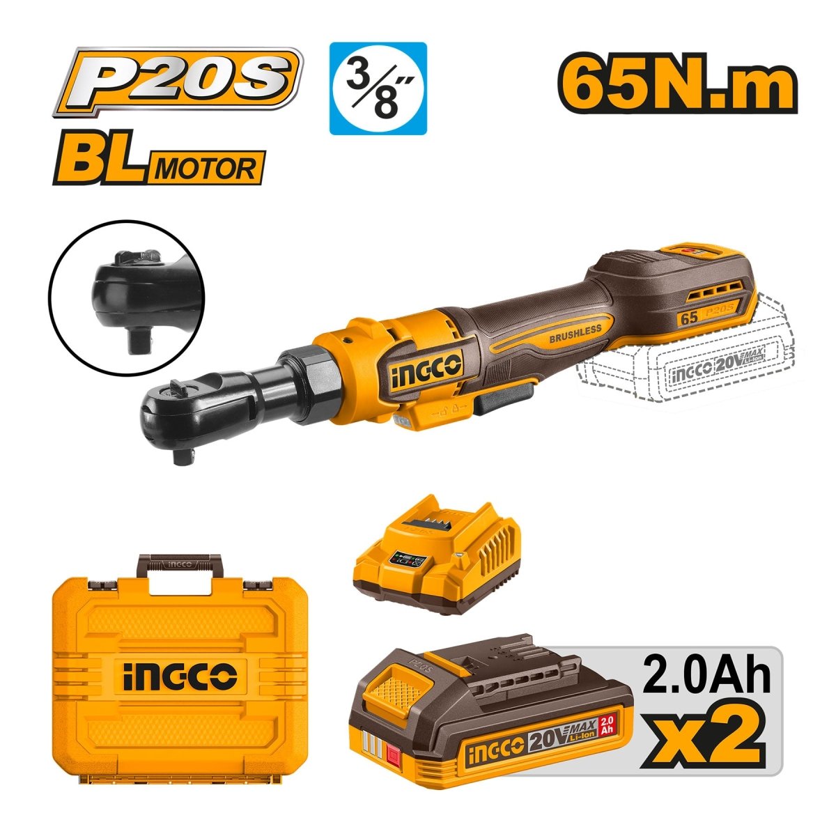Ratchet Inalámbrico INGCO 20V 65Nm 3/8" 350RPM 2 Baterías UCDRLI20652 - MARKEMSTORE -