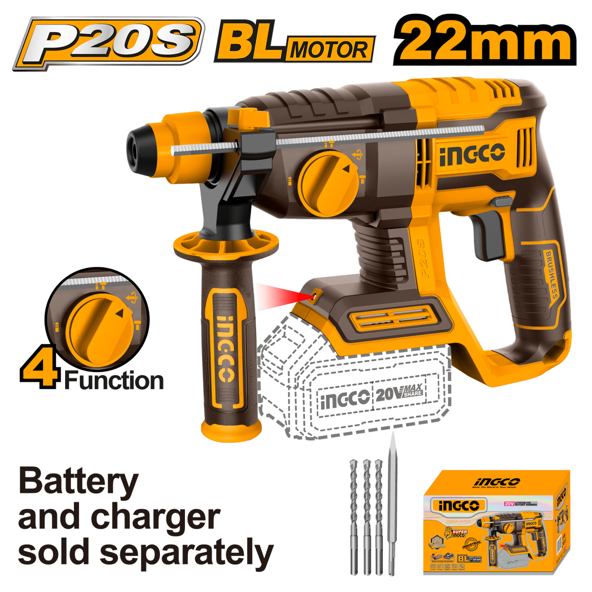 Rotomartillo 20V 0 - 110Rpm 0 - 5400Bpm Brushless INGCO CRHLI20208 - MARKEMSTORE -