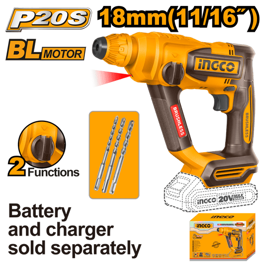 Rotomartillo Inalámbrico INGCO 20V 18mm 1.8J 5100BPM - Motor Brushless CRHLI20188 - MARKEMSTORE - Rotomartillo