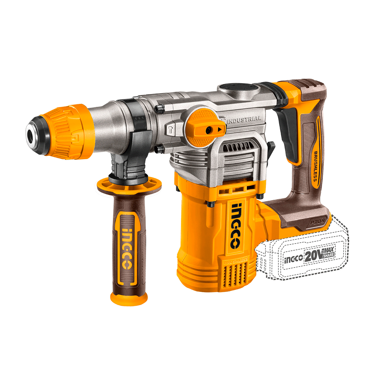 Rotomartillo Inalámbrico INGCO 20V SDS Plus 4.5J + 2 Baterías 5Ah y Accesorios UCRHLI202885 - MARKEMSTORE - Rotomartillo