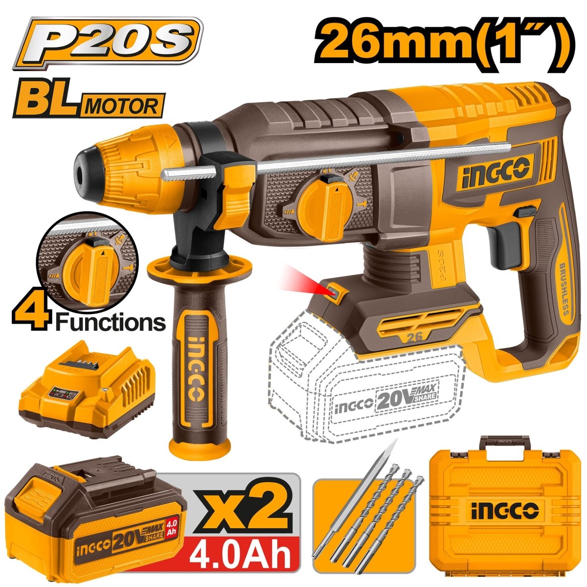 Rotomartillo Inalámbrico INGCO 20V SDS Plus Sin Escobillas + 2 Baterías 4Ah y Accesorios UCRHLI202682 - MARKEMSTORE -