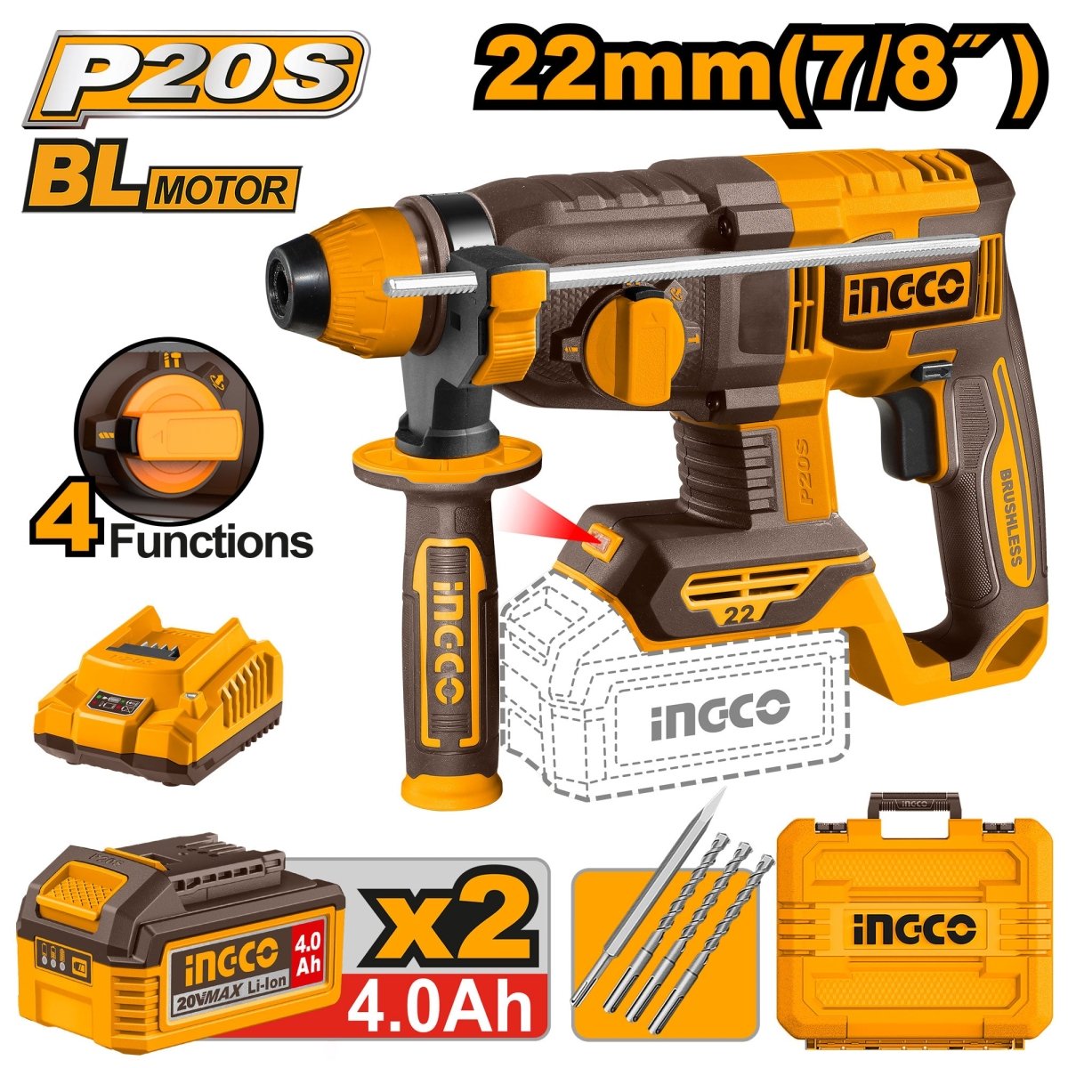Rotomartillo Inalámbrico INGCO 20V SDS Plus Sin Escobillas + 2 Baterías 4Ah y Accesorios UCRHLI212282 - MARKEMSTORE