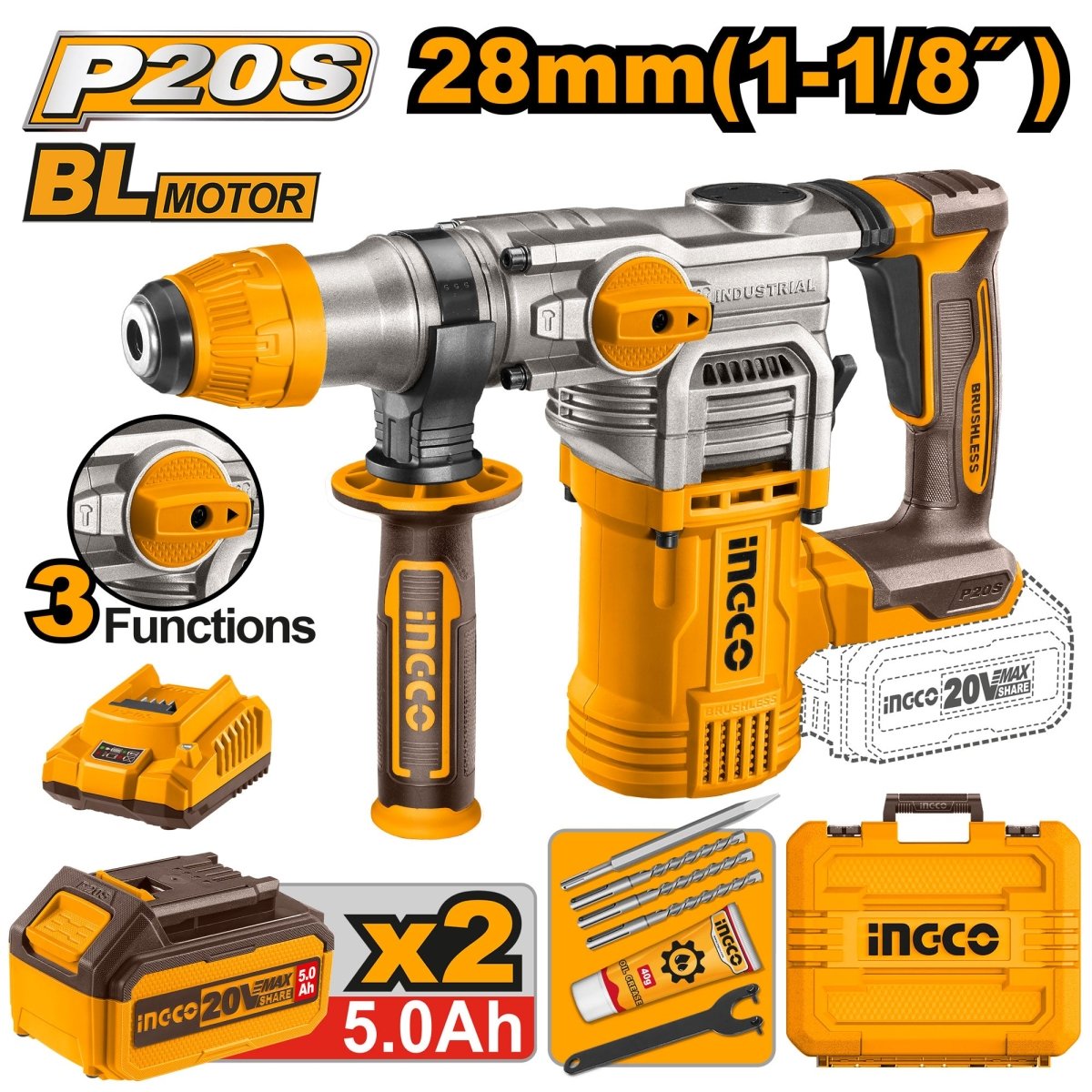 Rotomartillo Inalámbrico INGCO 20V SDS Plus Sin Escobillas 4.5J + 2 Baterías 5Ah y Accesorios UCRHLI202885 - MARKEMSTORE