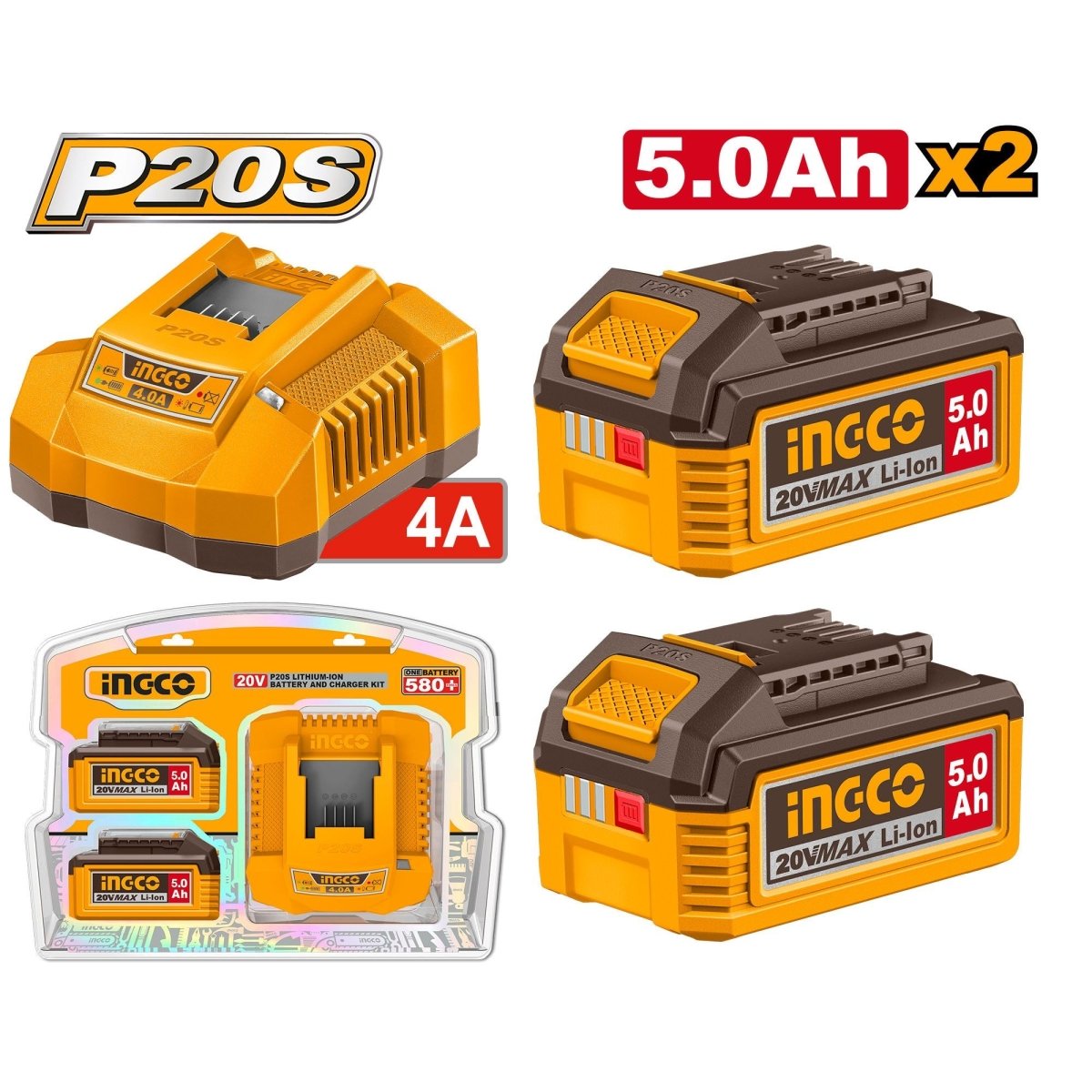 Set 2 Baterías INGCO 20V 5.0Ah Ion Litio + Cargador Rápido 4A - UFBCPK2513 - MARKEMSTORE - Baterías