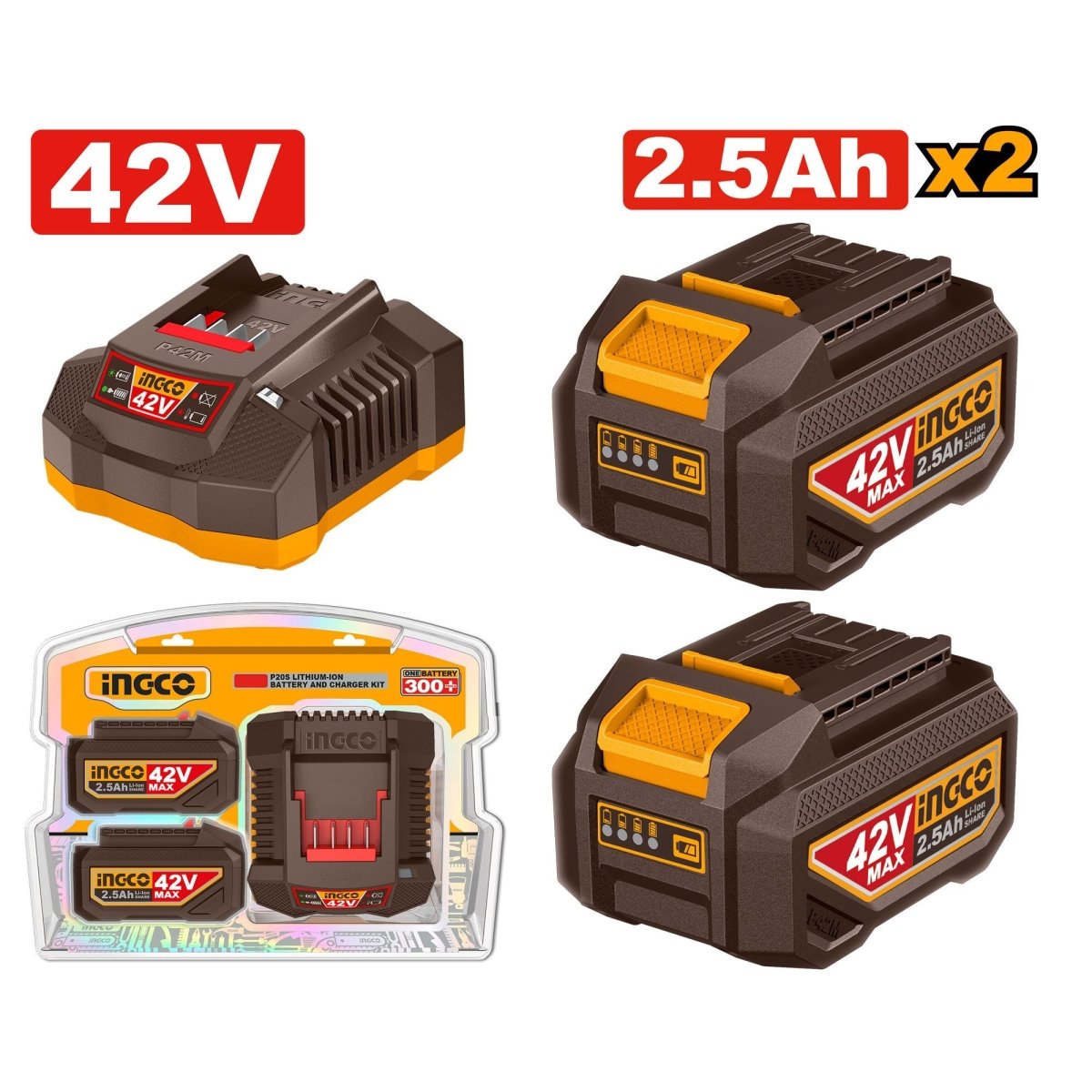 Set 2 Baterías INGCO 42V 2.5Ah Ion Litio + Cargador 2A - UFBCPM25221 - MARKEMSTORE - Baterías
