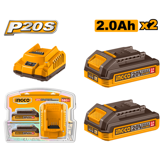 Set: 2 Baterias Ion Litio 20V 2.0Ah Incluye Cargador Ingco Ufbcpk2212 - MARKEMSTORE - Baterías