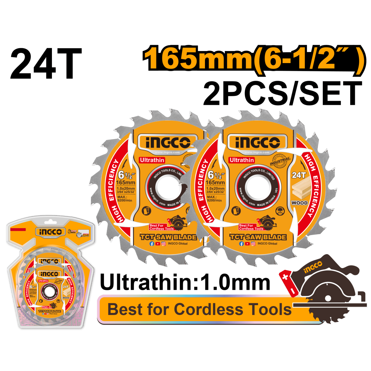 Set 2 Discos Sierra Circular Madera 6 - 1/2" INGCO 24D Eje 20mm Corte Rápido TSB1653 - MARKEMSTORE - Accesorios para Sierra