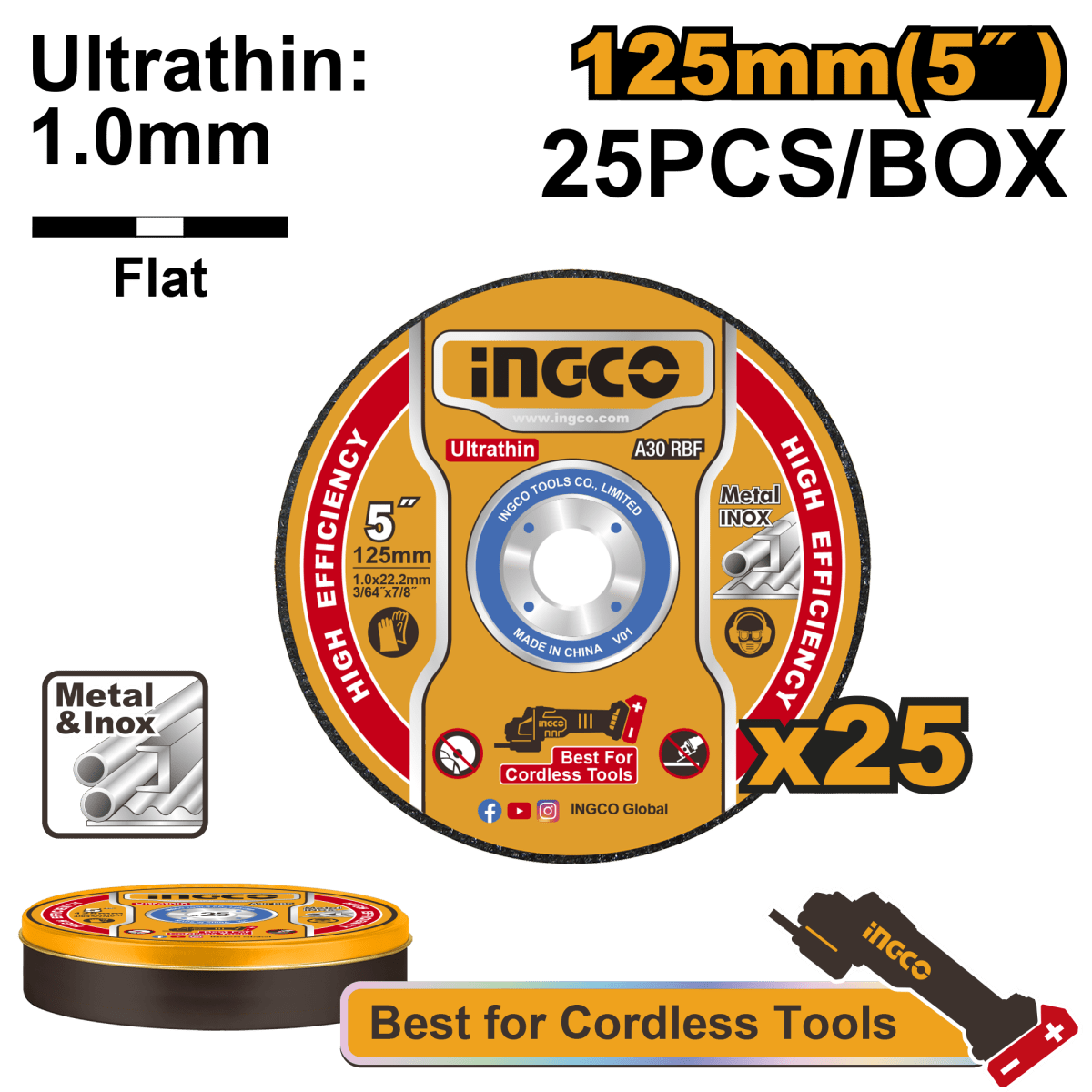 Set 25 Discos de Corte Ultrafino Metal 5" x 1mm INGCO Inoxidable 12200 RPM MCD1012525 - MARKEMSTORE - Discos