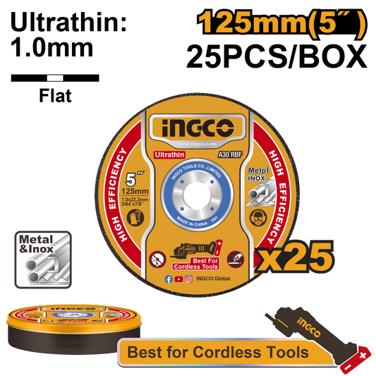 Set 25 Discos de Corte Ultrafino Metal 5" x 1mm INGCO Inoxidable 12200 RPM MCD1012525 - MARKEMSTORE - Discos