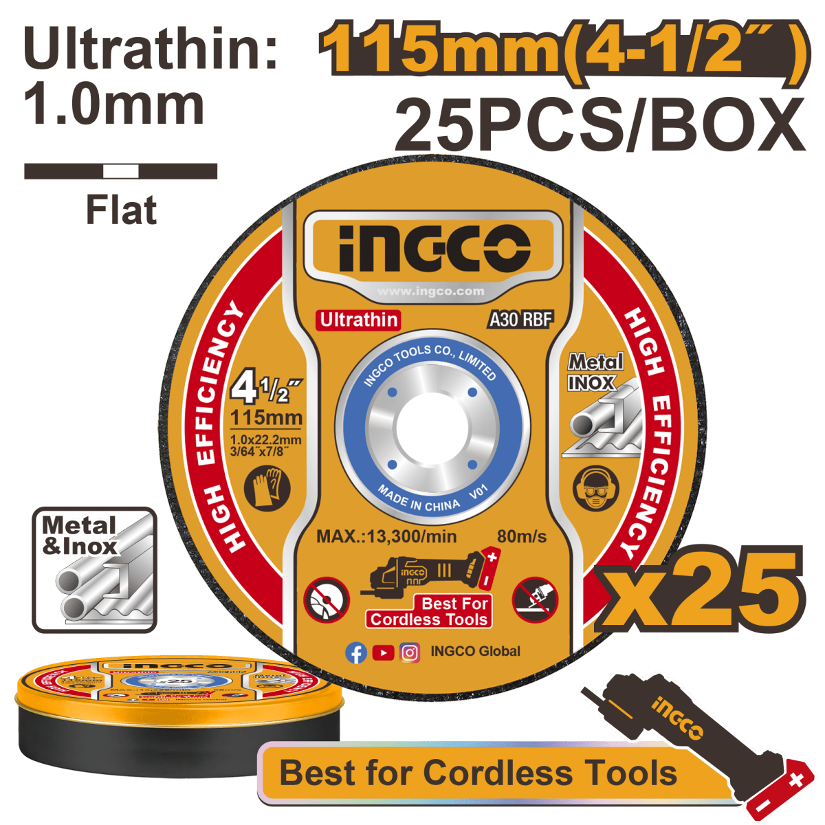 Set 25 Und Disco De Corte Ultra Fino Metal - Inox 4-1/2X3/64X7/8 INGCO MCD11011525 - MARKEMSTORE -