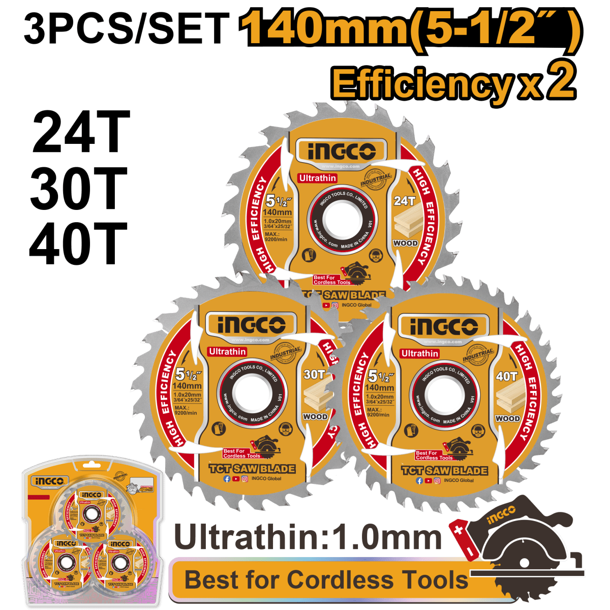 Set 3 Discos Sierra Circular Madera 5 - 1/2" INGCO 24D 30D 40D Eje 20mm TSB4003 - MARKEMSTORE - Accesorios para Sierra