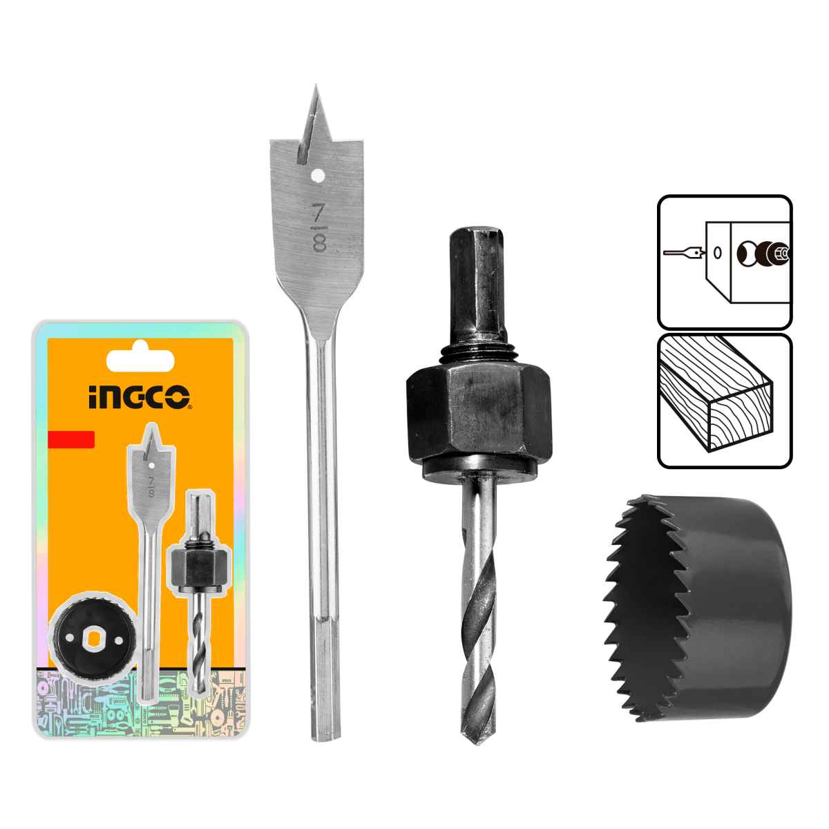 Set 3 Pzs Sierra Perforadora Para Instalacion Cerradura INGCO AKHS302 - MARKEMSTORE - Brocas