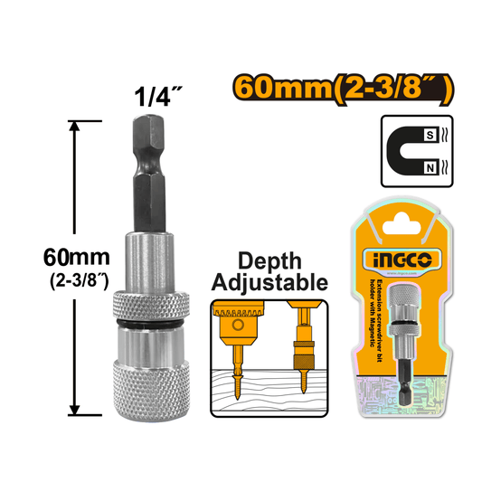 Set Adaptador Magnetico 60mm 1/4" Hex P/Atornillador Ingco Abh50608 - MARKEMSTORE - Accesorios para Taladro