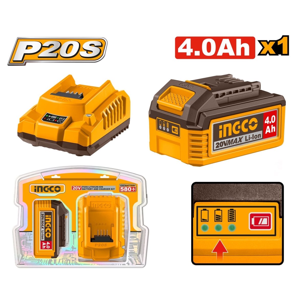 Set Batería INGCO 20V 4.0Ah Ion Litio + Cargador 2A - UFBCPK1012 - MARKEMSTORE - Baterías
