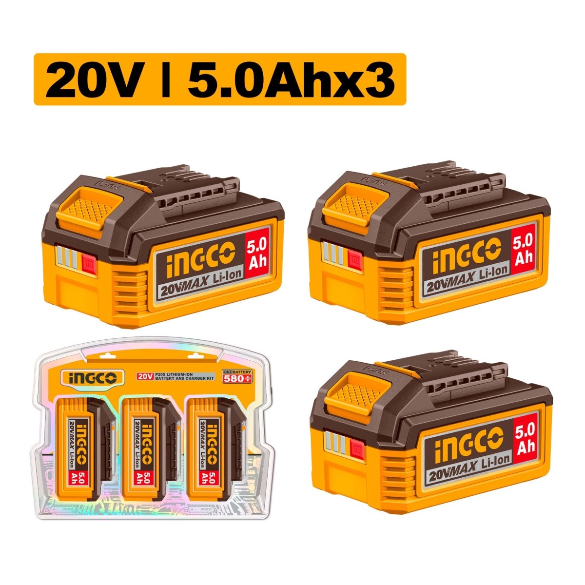 Set Batería INGCO 20V 5.0Ah x3 Batería Herramientas P20S COSLI251198 - MARKEMSTORE - Baterías y Cargadores
